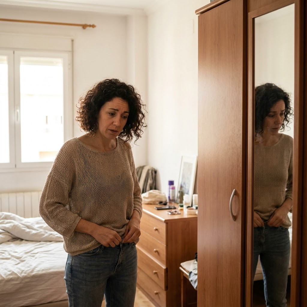 Mujer acomodándose la ropa porque se siente incómoda