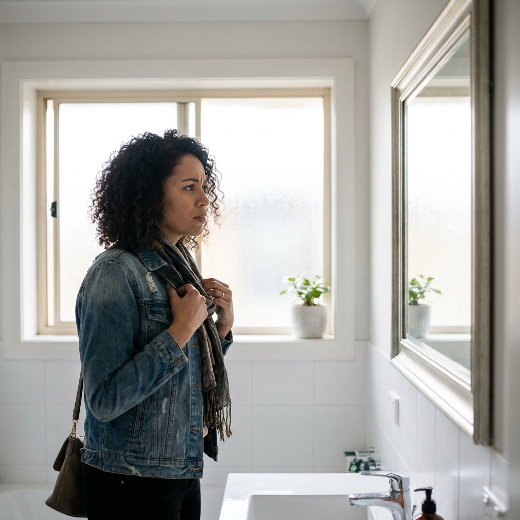 Mujer revisándose otra vez antes de salir
